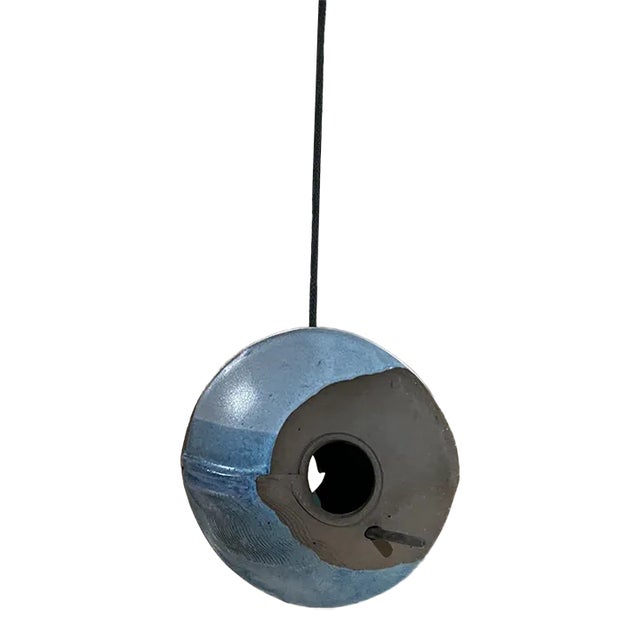 1960s Modernist Blue Bird Feeder Ceramic Art Pottery For Sale