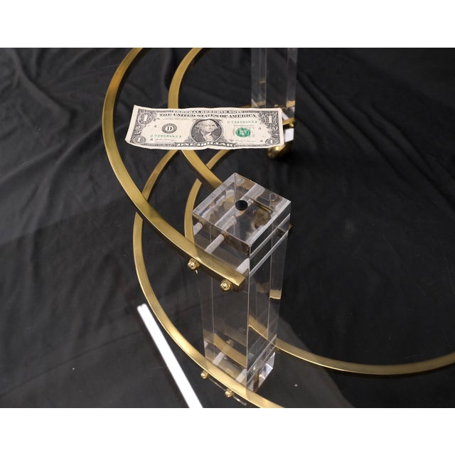 1970s Polished Brass & Lucite Base Round Midcentury Coffee Table on Wheels For Sale - Image 5 of 12