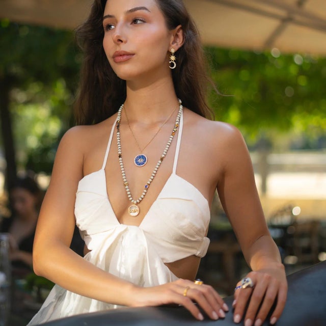 Metal Cosmic Evil Eye Star Medallion Gold Necklace For Sale - Image 7 of 12