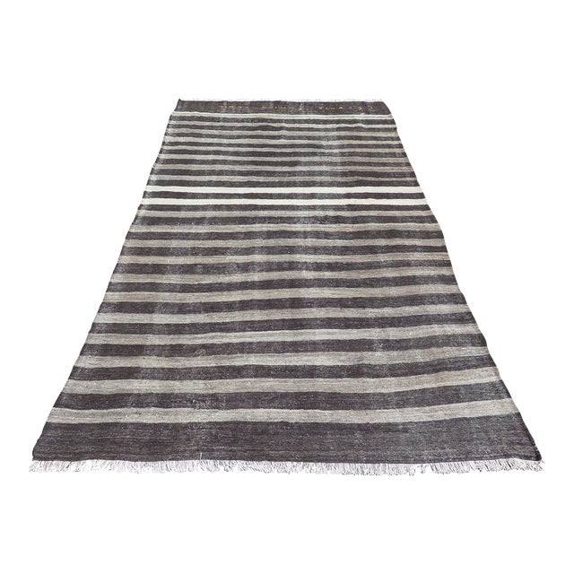 Mid 20th Century Black & Gray Specially Handwoven Minimalist Vintage Kilim Area Rug For Sale