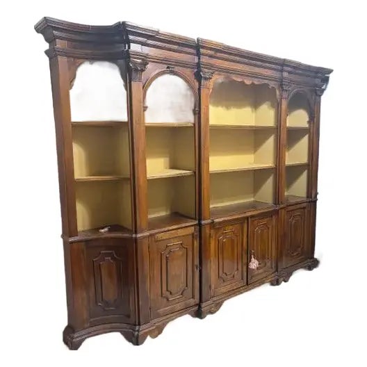 This 10 ft long Italian Burlwood Monumental Open Shelf Library Bookcase is an antique piece with a traditional style and a...