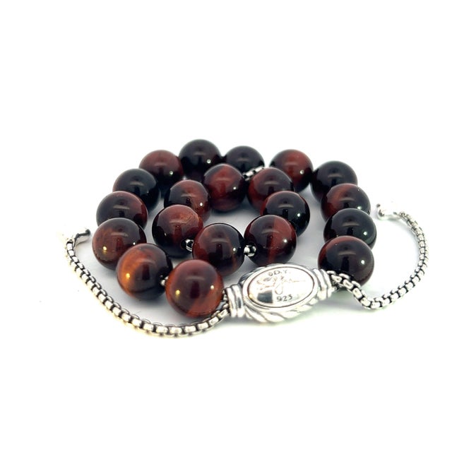 Metal 1990s David Yurman Tiger Eye Spiritual Beads Bracelet 6.6 - 8.5" Silver 8 mm Estate For Sale - Image 7 of 16