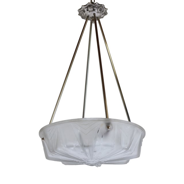 Vintage French Art Deco Pendant Light in White Glass by Muller Freres, 1930 For Sale