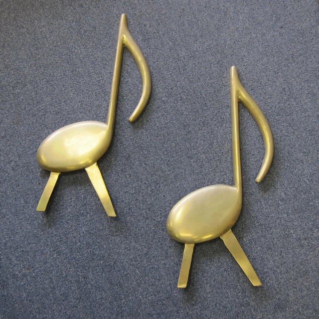 1940s Mid Century Modern Solid Brass Musical Note Andirons - a Pair For Sale - Image 9 of 11