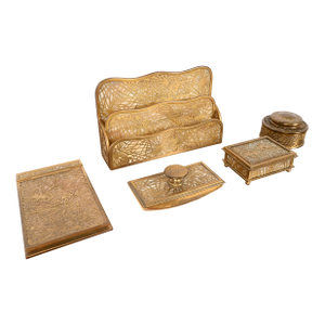 Tiffany Studios New York Pine Needle Bronze Doré and Favrile Slag Glass Five-Piece Desk Set, Circa 1910