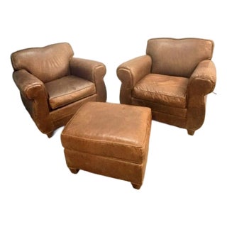 Mitchell Gold for Restoration Hardware Leather Club Chair Pair With Ottoman For Sale
