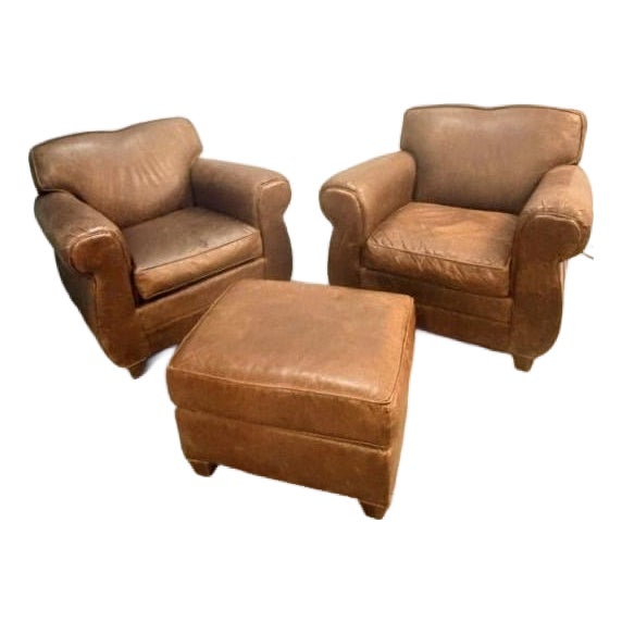 Mitchell Gold for Restoration Hardware Leather Club Chair Pair With Ottoman For Sale
