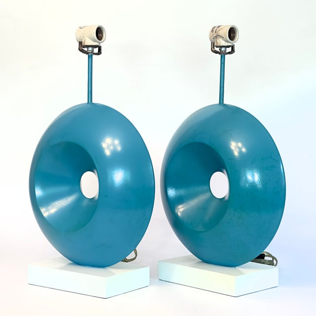 Postmodern Sculptural Saturated Turquoise Table Lamps - A Pair For Sale - Image 4 of 14