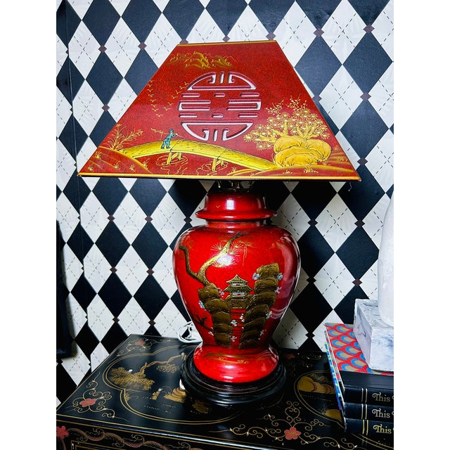1980s 1980s Chinoiserie Red Lacquer Table Lamps Pair Large Chinese With Pagoda Shades For Sale - Image 5 of 10