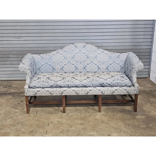 Store Item: Kittinger Historic Newport Mahogany Sofa Blue Silk Damask Fabric Description: Copied from an Rhode Island...