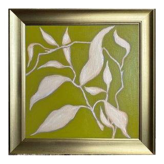 Original Framed Botanical Leaf Painting, Chartreuse Green Cream Wall Art, Oil on Canvas in Gold Frame, 14x14 Minimalist Boho Home Decor For Sale