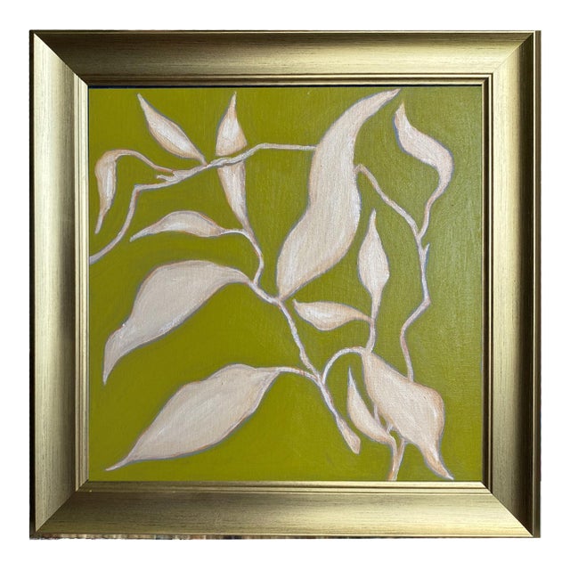 Original Framed Botanical Leaf Painting, Chartreuse Green Cream Wall Art, Oil on Canvas in Gold Frame, 14x14 Minimalist Boho Home Decor For Sale