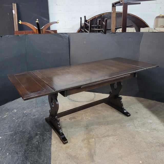 Mid-Century Modern Mid 20th Century English Oak Trestle Base Drawerleaf Dining Table For Sale - Image 3 of 9