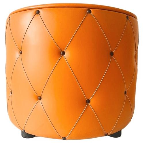 Vintage mid-century pouf in orange faux leather from the 1960s. Upholstered in orange faux leather; typical of that era....