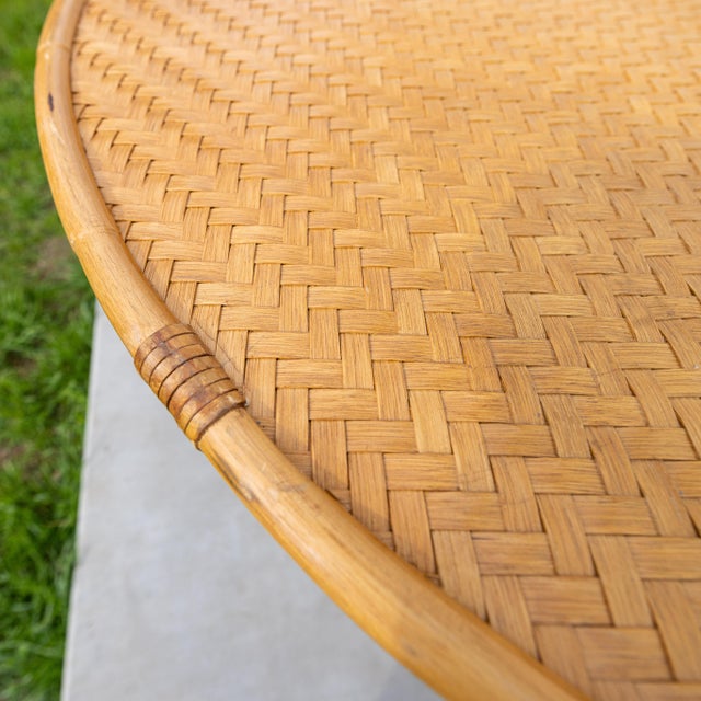 Vintage Round Woven Wicker & Rattan Herringbone Parquetry Dining Table - 48" For Sale - Image 11 of 13