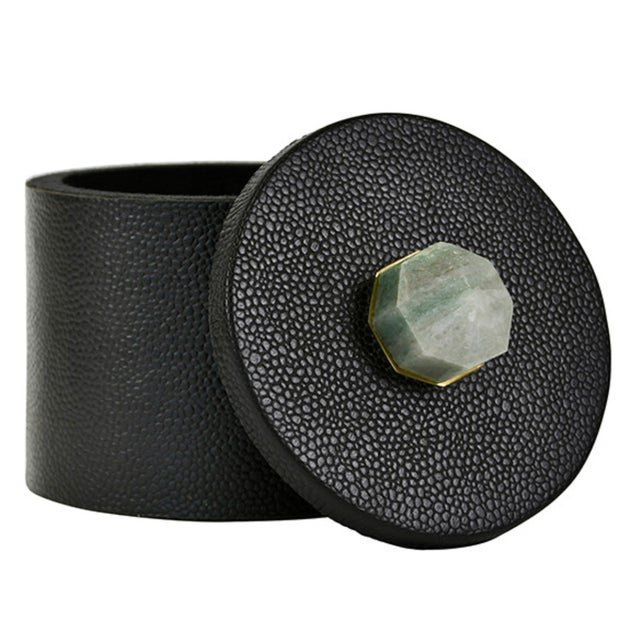 Brand new special order item. Not vintage. Elegant round storage container crafted from faux pebbled leather in rich...