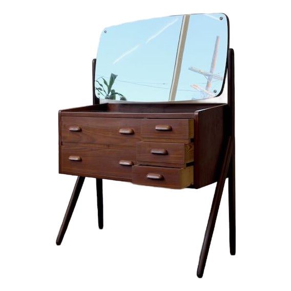 1960's Danish Modern Teak Compact Vanity & Mirror For Sale