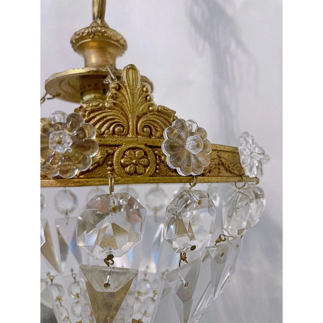 1950s Italian Brass and Crystal Rosettes Rim Basket Chandelier For Sale - Image 4 of 8