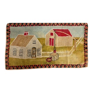 Mid 19th Century Pictorial Hooked Rug ("Cape House"), American For Sale