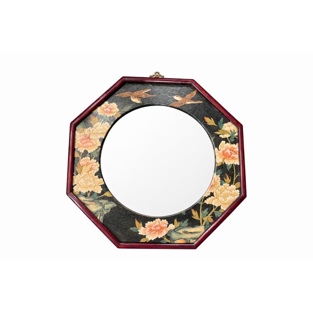Vintage Chinoiserie-Style Hexagonal Wall Mirror With Hand-Painted Birds, Circa 1960's, 16 Inch Diameter For Sale - Image 12 of 12