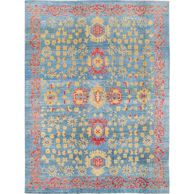 Modern Oushak Handmade Floral Blue Oversize Wool Rug For Sale - Image 9 of 9