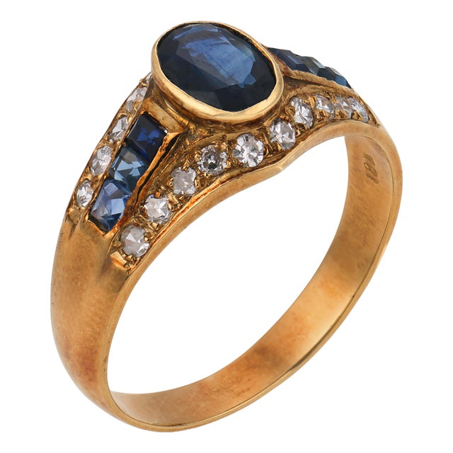 Vintage Sapphire Diamond 18k Yellow Gold Ring, Size 5.25 For Sale