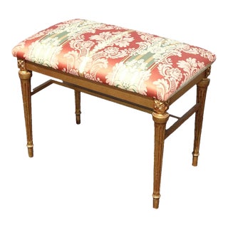 Vintage Gold Bench French Country W Burgundy Floral Stripped Fabric For Sale