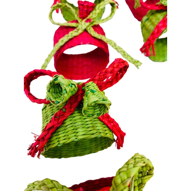 Wood Vintage Wicker Christmas Red & Green Napkin Rings Each With Bow & Bells Set of 12 For Sale - Image 7 of 9