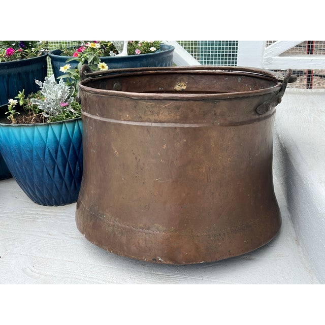 Huge Antique Copper Cauldron: Hand Forged Firewood Bucket 19" With Hand Etched Riveted Handle Green Patina Damage For Sale - Image 10 of 14