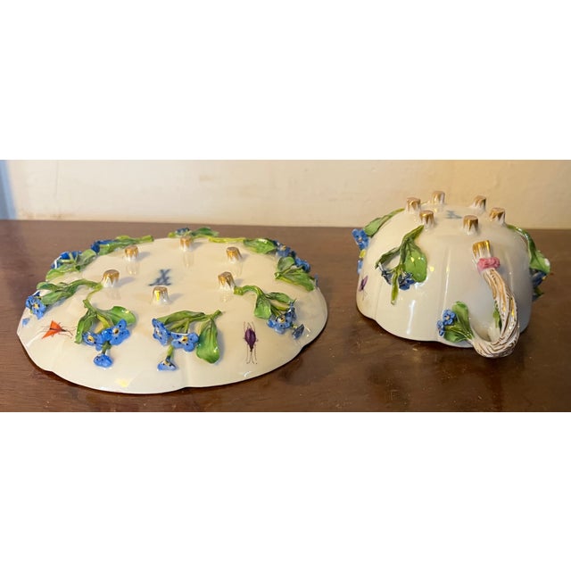 Antique Meissen Porcelain Tea Cup and Saucer With Applied Flowers and Hand Painted Insects For Sale - Image 11 of 15