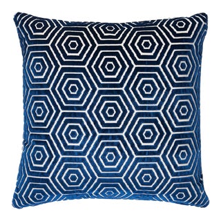 Schumacher x Mary McDonald Bees Knees Cut Velvet 18" Lumbar Pillow in Blue For Sale