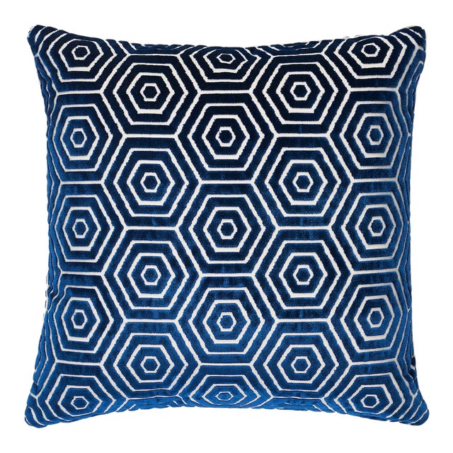 Schumacher x Mary McDonald Bees Knees Cut Velvet 18" Lumbar Pillow in Blue For Sale