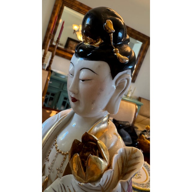 Vintage Porcelain Guanyin Statues - Quan Yin Gold Gilt L 18" Pair C1915 Rare For Sale - Image 9 of 18