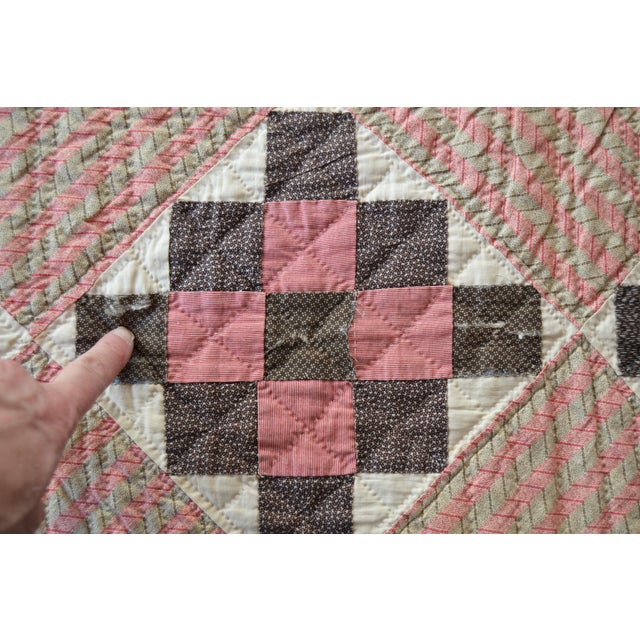Early 20th C Hand-Quilted Variation of a Nine Patch Cotton Quilt. - For Sale - Image 11 of 11