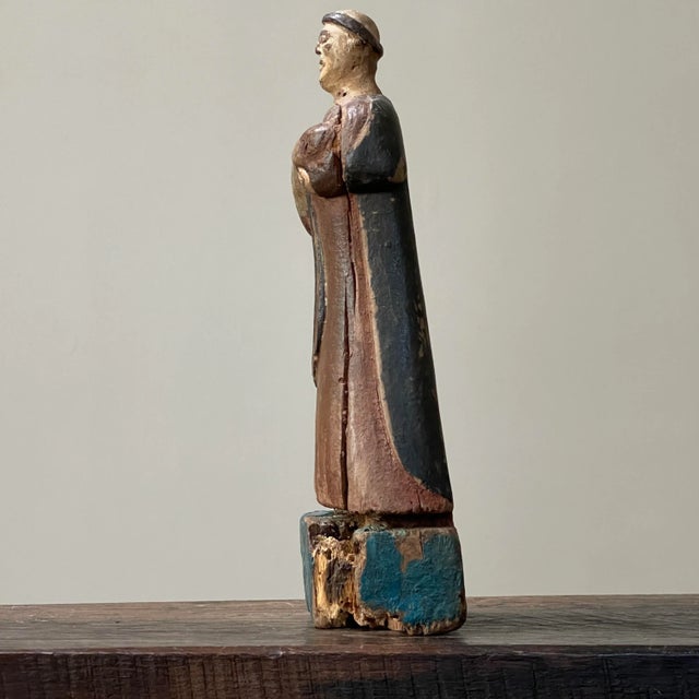 Folk Art 19th Century Spanish Hand Carved Polychrome Santo Sculpture For Sale - Image 3 of 9