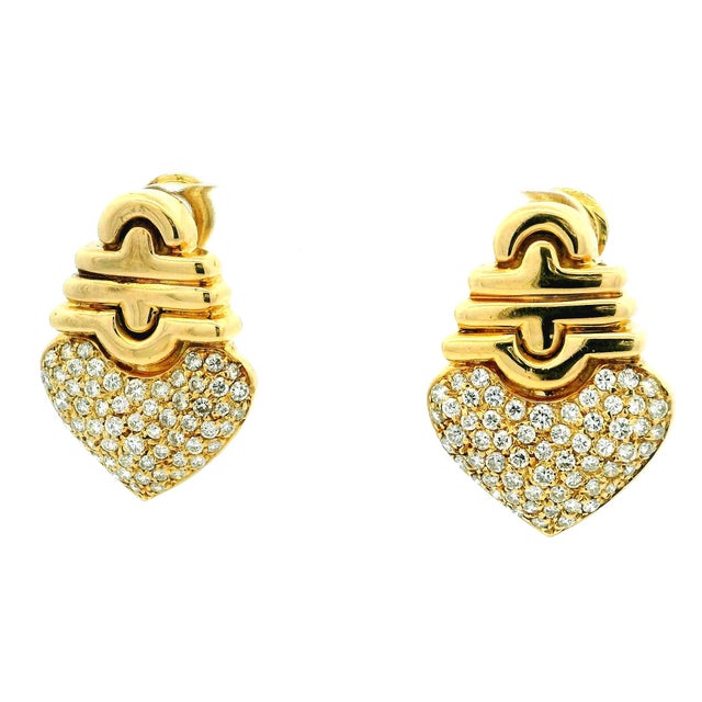 Vintage Italian 18k Gold Diamond Pavé Heart Omega Back Earrings, A Pair For Sale - Image 11 of 16