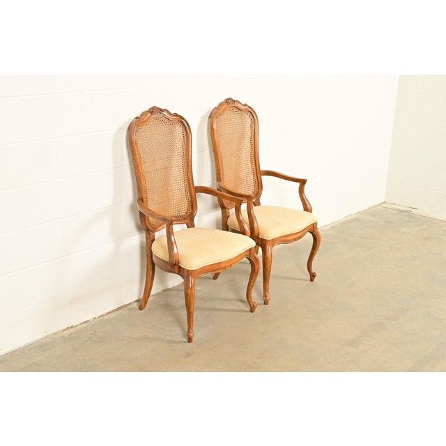 Thomasville Thomasville French Provincial Louis XV Carved Walnut and Cane Back Armchairs, Pair For Sale - Image 4 of 14