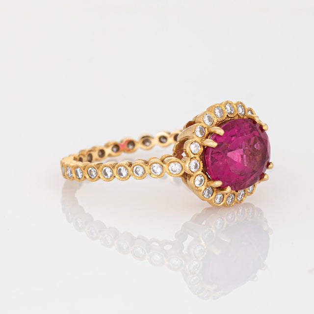 Contemporary Pink Tourmaline Diamond Ring Sz 7 Estate 18k Yellow Gold Oval Cut Jewelry For Sale - Image 3 of 6