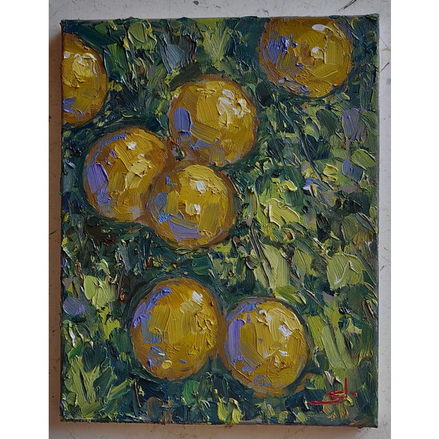 An impressionist oil painting of a lemon tree branch, by UK based artist Vivek Mandalia. Frame and hang in your home. 28 x...