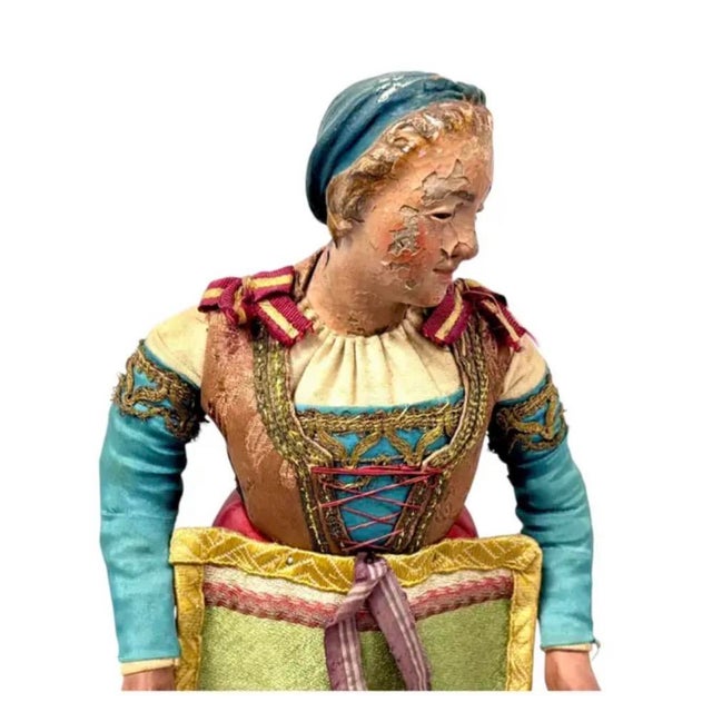 18th Century Neapolitan Crèche Figure of a Woman in traditional Italian garments. Figures were dressed in richly detailed...