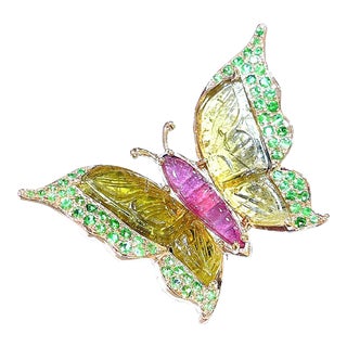 Bochic “Orient” Carved Tourmaline & Tsavorite Ring Set in 18k Gold & Silver Size 4 For Sale