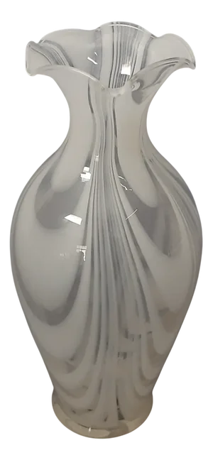 Modern Transparent and White Wavy Murano Glass Vase, 1970s