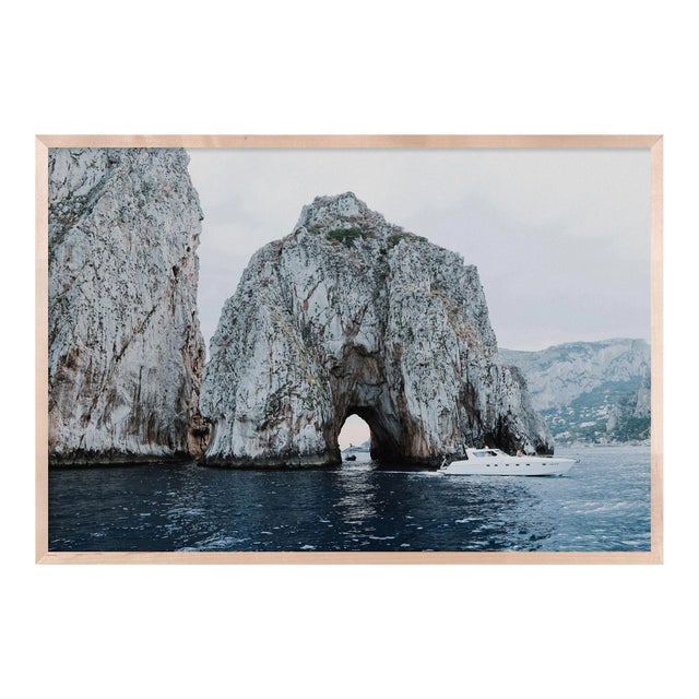 Faraglioni with Boat by Natalie Obradovich in Natural Maple Framed Paper, Large Art Print For Sale