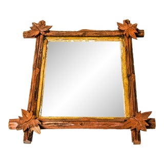 Antique Folk Art Carved Wood Tramp Adirondack Gilt Mirror in Brown and Gold For Sale