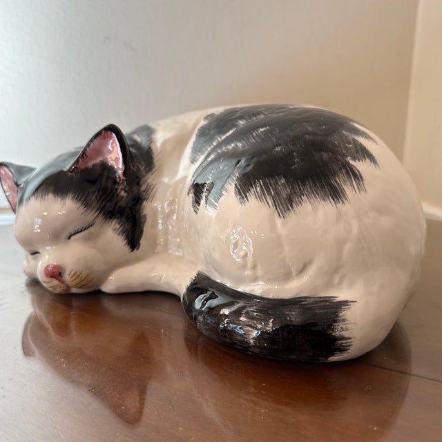 Italian Vintage Italian Ceramic Sleeping Cat Figurine Hand Painted Black White Italy MCM For Sale - Image 3 of 7