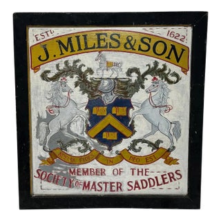 English Heraldic Equestrian Trade Shop Sign, Hand-Painted Double-Sided Saddlery J. Miles & Son For Sale