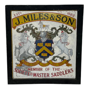 English Heraldic Equestrian Trade Shop Sign, Hand-Painted Double-Sided Saddlery J. Miles & Son