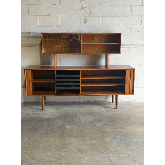 Mid-Century Modern In Style of Svend Aage Larsen for Faarup Mobelfabrik Danish Teak Tambour Credenza With Glass Display Hutch Danish Vintage 1960s For Sale - Image 3 of 16