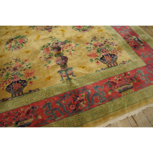 1920s Soft Yellow Field Antique Vase Floral Shou Symbols Chinese Art Deco Rug For Sale - Image 4 of 11