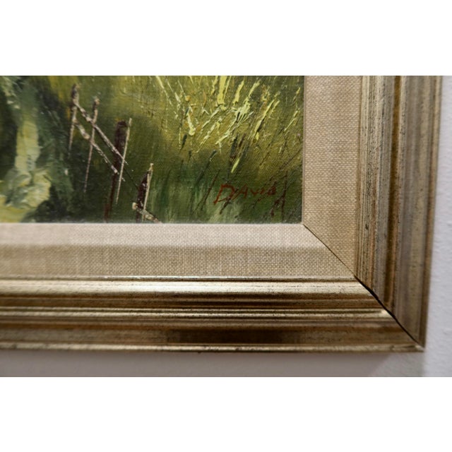 Mid-Century Modern Vintage Original Barn Landscape Oil Painting, Signed and Framed For Sale - Image 3 of 6